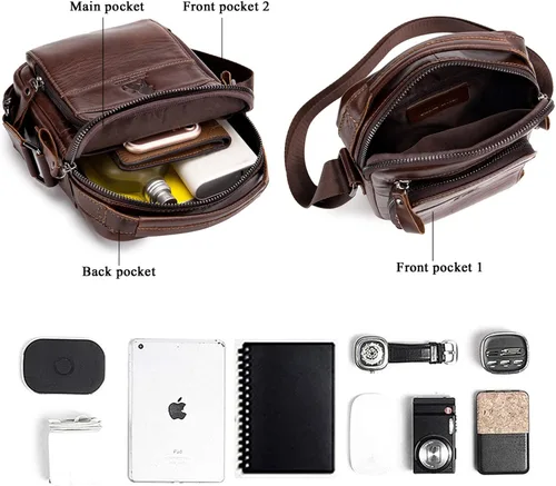 Vista 2 de BAIGIO Bolso bandolera de cuero genuino para hombre, bolso de hombro pequeño, bolso de mensajero para hombre, bolso para iPad, bolsa de viaje