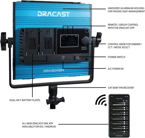 Vista 6 de Dracast X Series Bicolor LED500 Kit – 2 unidades incluye luces de panel, soportes, puertas de granero, estuche de viaje Control de aplicación