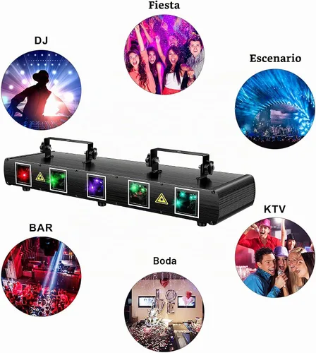 Vista 7 de U`King - Luz láser de DJ, 5 efectos de haz de luz, luces de fiesta de DJ activadas por sonido, espectáculo de luz láser RGBYC LED con control DMX