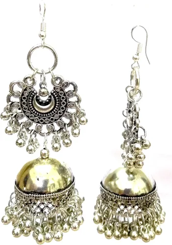 Vista 2 de DESI HAWKER pendiente de plata oxidada Bali Jhumki Jhumka joyería Bollywood gota cuelga largo Chandbali Afgani araña NI-130