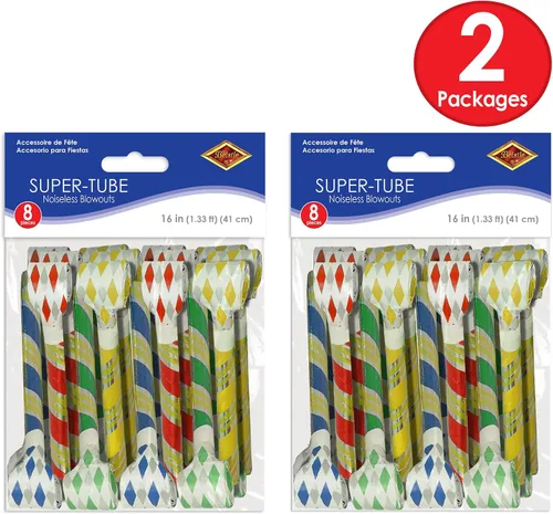 Vista 5 de Beistle Super-Tube - Paquete de 16 sopladores silenciosos para fiestas en varios colores azul, verde, rojo y amarillo, divertidos folletos