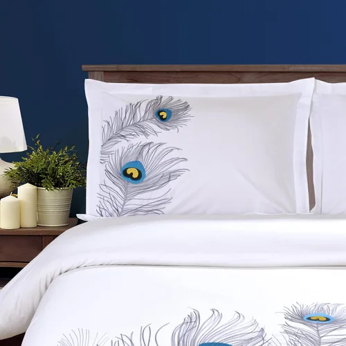 Vista 2 de 100% algodón, juego de funda de edredón de 3 piezas, tamaño matrimonial/queen, suave, bordado de pavo real, color plateado