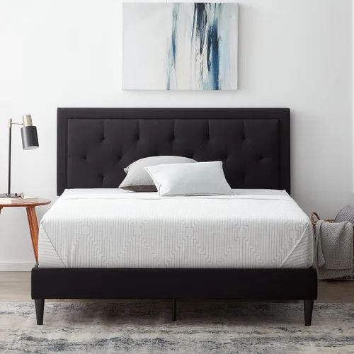 Vista 9 de Lucid - Cama de plataforma tapizada con cabecera de diamante con estructura de madera resistente, no requiere somier, King, carbón