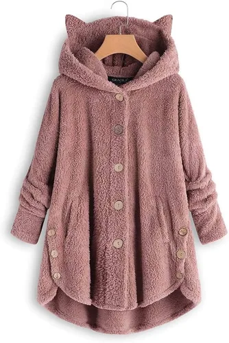 Vista 4 de SNKSDGM Chaquetas de forro polar mullido para mujer, con capucha, botones, de longitud media, gruesas, holgadas, abrigo, con bolsillo