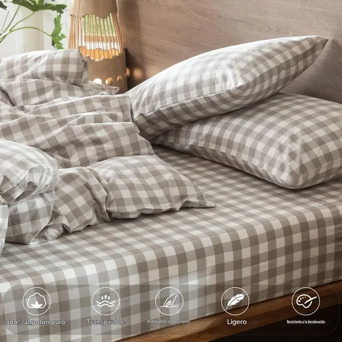 Vista 3 de MooMee Juego de 2 fundas de almohada de cuadros 100% algodón lavado con textura parecida al lino, transpirable, duradera, suave y cómoda
