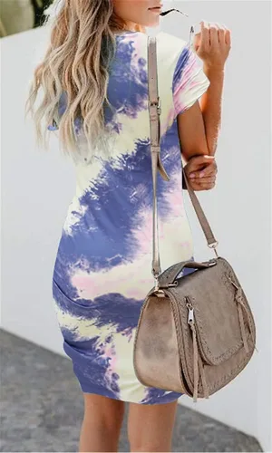 Vista 2 de Qearal - Vestido corto ajustado para mujeres, verano casual, cuello redondo fruncido, elástico, tulipán, dobladillo
