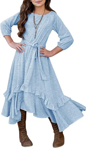 Vista 9 de MITILLY Vestido largo maxi suelto liso de manga 3/4 casual con bolsillos y volantes estilo swing con cinturón para niñas 01 Azul oscuro fultter