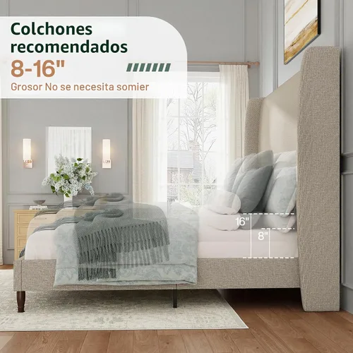 Vista 8 de Jocisland - Base de cama tamaño matrimonial, cabecero alto con respaldo Marrón
