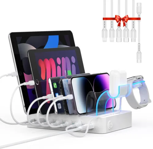 Vista 9 de SooPii - Estación de carga PD de 6 puertos para múltiples dispositivos, carga rápida USB C PD de 20 W para iPhone 14/13/12, incluye 6 cables cortos