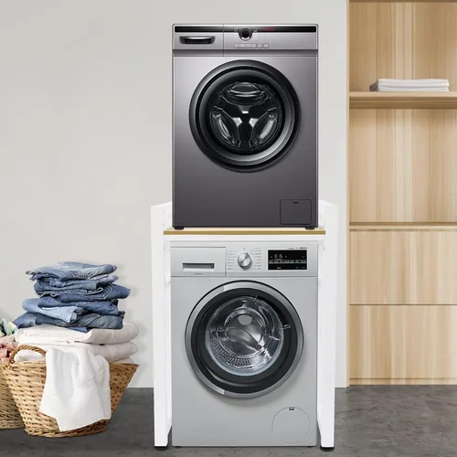Vista 4 de Soporte apilable para lavadora y secadora con estantes ajustables, estante de almacenamiento para lavadora y secadora, ahorro de espacio, kit