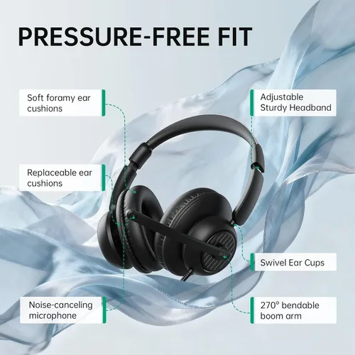 Vista 6 de EKSA H8 - Auriculares USB con micrófono para trabajo, auriculares estéreo con cable para computadora con cancelación de ruido, controles en línea