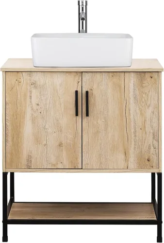 Vista 8 de UEV Mueble de baño de roble rústico de 30 pulgadas con fregadero, marco de hierro industrial con puertas y estante, con moderno combo de fregadero