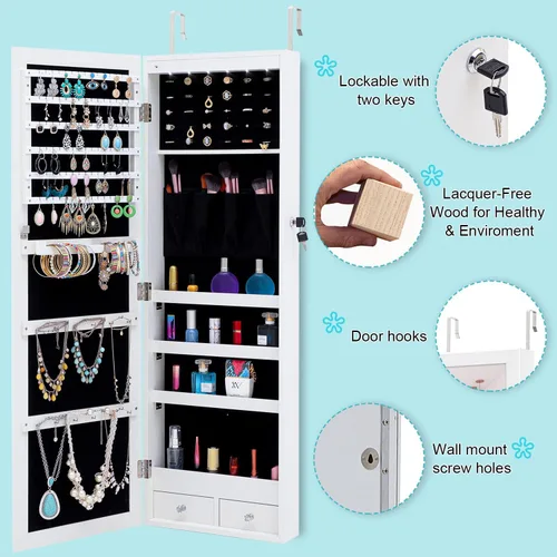 Vista 5 de HomVent Armario de joyería con espejo de 6 LED, espejo con almacenamiento de joyas, organizador de armario de joyería con cerradura, armario