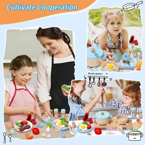 Vista 7 de Accesorios de cocina de juguete, juego de cocina de madera, juego de cocina de simulación para niños, incluye estufa, ollas y sartenes de cocina
