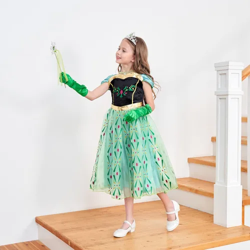 Vista 3 de Avady Girls Princess Costumes for Frozen Anna Birthday Party Halloween Christmas Dress Up Green
