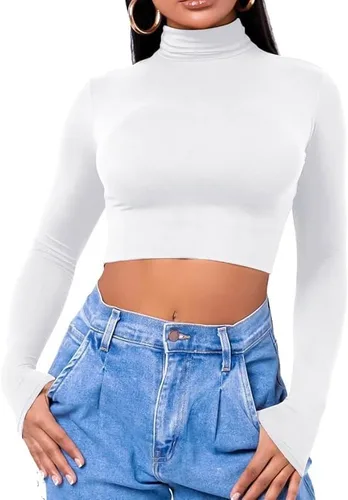 Vista 5 de LCNBA Camiseta corta de manga larga para mujer, cuello alto, sexy, básica, recortada