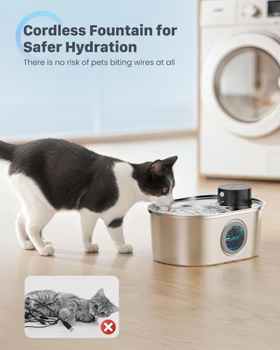 Vista 9 de Fuente de agua inalámbrica para gatos: fuente para mascotas de acero inoxidable operada por pilas, dispensador automático de agua inalámbrico