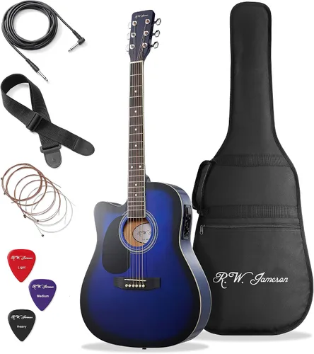 Vista 12 de Jameson Guitars - Guitarra eléctrica acústica Thinline de tamaño completo con funda y púas, negra, para diestros