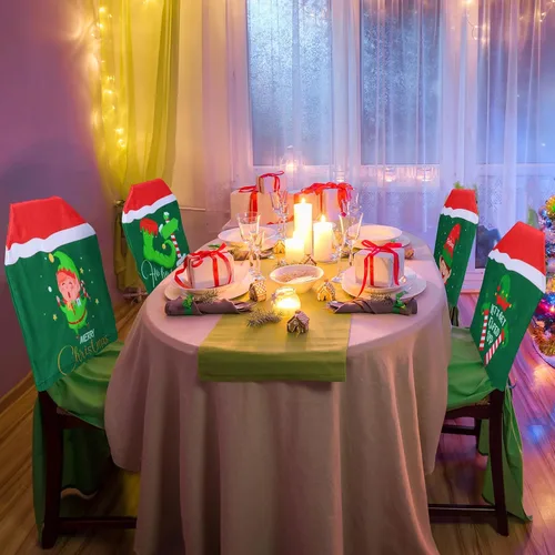 Vista 6 de Ganeen 6 Piezas Fundas Navideñas para Sillas Cuadros Buffalo Fundas para Sillas de Comedor Sombrero de Papá Noel Zapatos Fundas Deslizantes