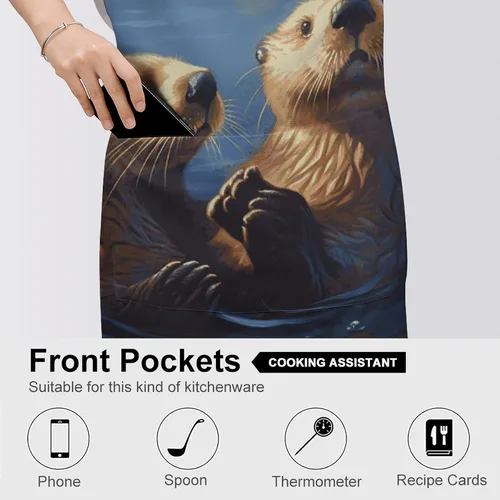 Vista 5 de MUSM Sea Otters Painting Apron，Classic Vintage Funny with Pockets Aprons,Adjustable Bib Waterdrop Resistant for Kitchen Cooking Restaurant BBQ