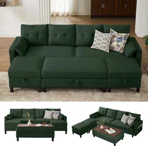 Vista 14 de Sofá en forma de L de 102 pulgadas, sofá con mesa auxiliar otomana, sofá moderno de 4 asientos con funda extraíble para apartamento y sala de estar