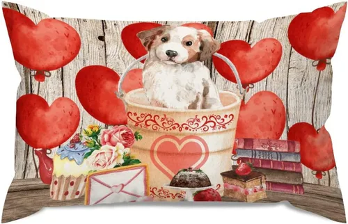 Vista 43 de Fundas de almohada lumbar con textura de madera rústica para perro en cubo, diseño de corazón rojo para el día de San Valentín, fundas de almohada