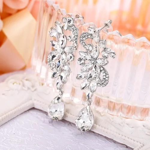 Vista 5 de BriLove - aretes colgantes bohemios con flores de cristal para novia