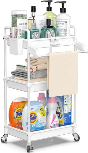 Vista 11 de SPACEKEEPER Carrito de almacenamiento rodante, carrito utilitario de 3 niveles, organización de cuarto de servicio, estantería móvil, organizador