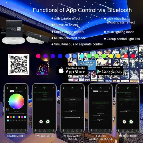 Vista 2 de AKEPO Kit de Luces de Fibra Óptica Twinkle Meteor APP de Tamaño Pequeño 16W, Estrella Fugaz+RGBW Activado por Música 550pcs 0.03in/0.75mm 9.8ft/3m