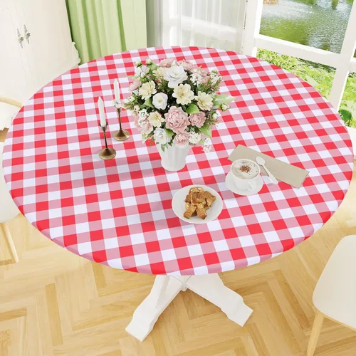 Vista 8 de Smiry - Mantel redondo de picnic de vinilo elástico impermeable con respaldo de franela, mantel de vinilo ajustable para mesas de 31-35 pulgadas