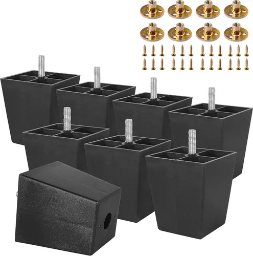 Vista 8 de Pernos de rosca métrica M8-1.25, patas de plástico para muebles, patas de sofá cuadradas negras de 2 pulgadas con tuercas de placa, repuesto