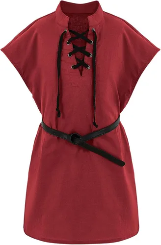Vista 7 de Camisetas de pirata renacentista para niños, estilo vikingo, medieval, sin mangas, con cordones, de algodón escocés