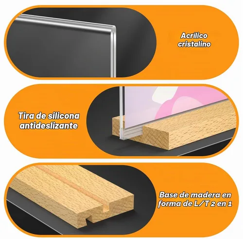 Vista 5 de Soporte acrílico para letreros de 8.5 x 11 pulgadas con base de madera, soporte de menú de exhibición de mesa, soporte de plástico transparente