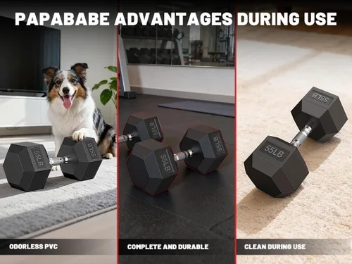 Vista 3 de Dumbbell Set 45-550lb, Rubber Encased, Strength Training Home Gym PAPABABE Complete & Durable Cast Iron Core Odorless PVC Antiroll Hex
