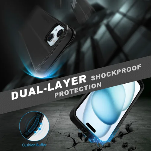 Vista 7 de SHIELDON Funda para iPhone 15 2023, funda de piel auténtica desmontable tipo cartera con función atril, bloqueo RFID, ranuras para tarjetas