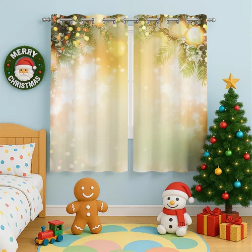 Vista 4 de Cortinas opacas de Navidad para niñas y niños, decoración del hogar, decoración navideña, árbol de acebo, estrella, Navidad, ojales, cortinas