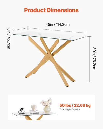 Vista 3 de VEVOR Mesa de comedor de cristal, moderna mesa de entrada rectangular con parte superior de vidrio templado y patas cruzadas de hierro, escritorio