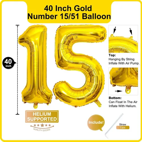 Vista 2 de Lovoir Globo dorado de 40 pulgadas con el número 51 de 15 dígitos gigantes, helio dorado para fiesta de cumpleaños de 15 y 51 años, suministros