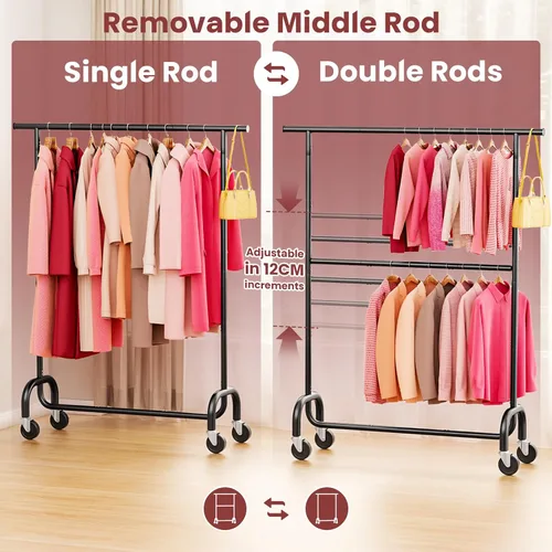 Vista 3 de Perchero resistente para dormitorio, perchero con ruedas de altura ajustable de 6 niveles, ruedas con bloqueo, perchero portátil para sala de estar
