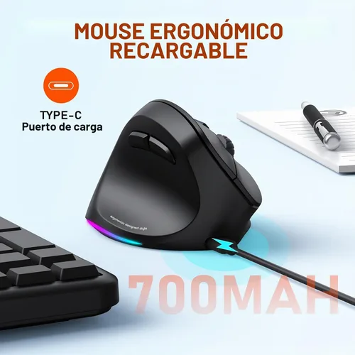 Vista 6 de MEETION Ratón vertical ergonómico inalámbrico zurdo, recargable - negro Bluetooth dual 5.2/3.0 + USB, iluminación RGB, 4 DPI ajustables