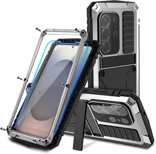 Vista 15 de Funda de metal para Samsung S22 5G con función atril, protector de pantalla integrado, resistente armadura militar duradera, cuerpo completo Negro
