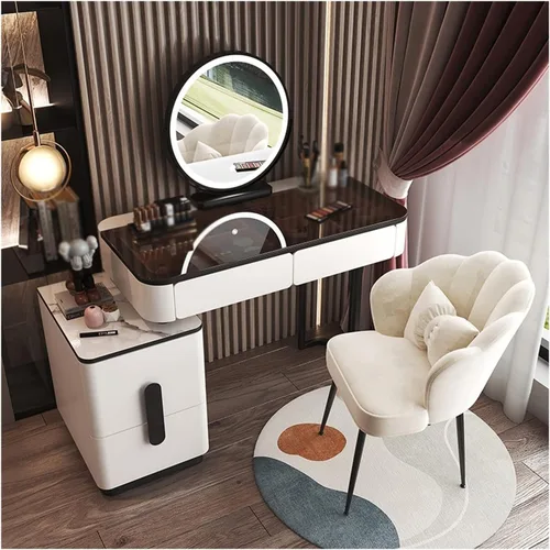 Vista 10 de Tocador de maquillaje, mesa de cristal, tocador, moderno, simple, avanzado, de madera, para dormitorio, almacenamiento, tocador, espejo inteligente