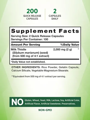 Vista 2 de Nature's Truth Suplemento de cardo mariano 200 cápsulas Extracto de semilla sin OMG y sin gluten Silimarina Marianum
