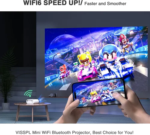 Vista 4 de Mini proyector con WiFi y Bluetooth, proyector VISSPL Full HD 1080P, proyector portátil para exteriores con trípode, proyector de cine en casa