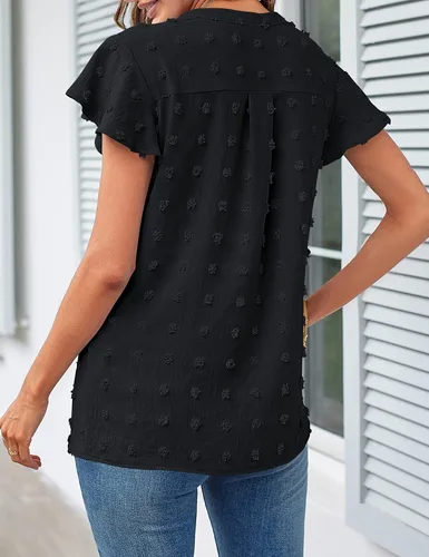 Vista 4 de MEROKEETY Blusa de verano de manga corta con volantes y cuello en V para mujer 2023, con lunares suizos, blusa de túnica