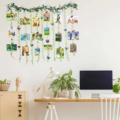 Vista 5 de Expositor de fotos para colgar en la pared con clip, juego de collage de marcos de fotos de hojas de árbol de vid artificiales con 40 clips y 8