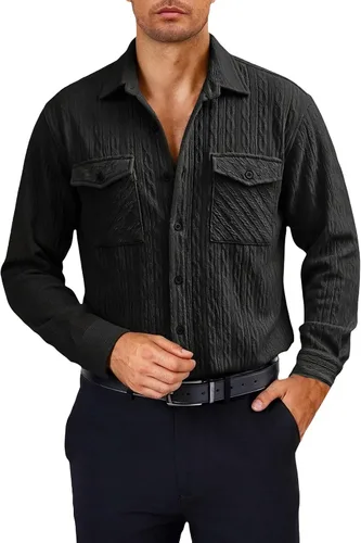 Vista 36 de Camisas con botones para hombre, casual, de manga larga, con cuello jacquard, texturizada, ligera, sobrecamisa, sobrecamisa