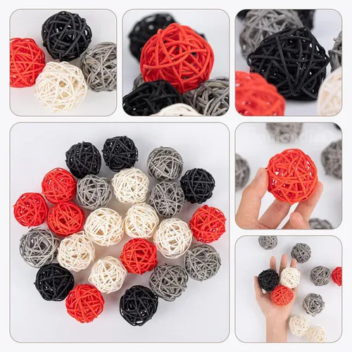 Vista 8 de Framendino, Paquete de 24 bolas de mimbre de 2 pulgadas para decoración de mesa del hogar, negro, gris, rojo, blanco
