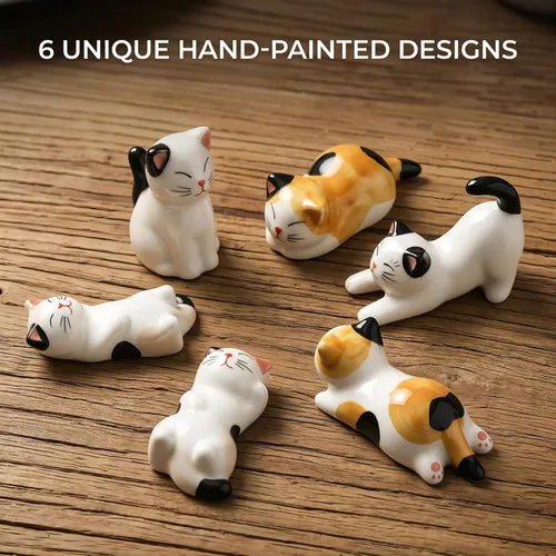 Vista 3 de Juego de 5 pares de palillos y palillos, lindo soporte para palillos de gato de la suerte para 6 gatos, juego de regalo de soporte para palillos