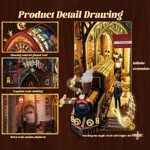 Vista 5 de Kit de rincón de libros, estante en miniatura para casa con luces LED y música, rompecabezas de madera 3D de estación de tren retro para adultos